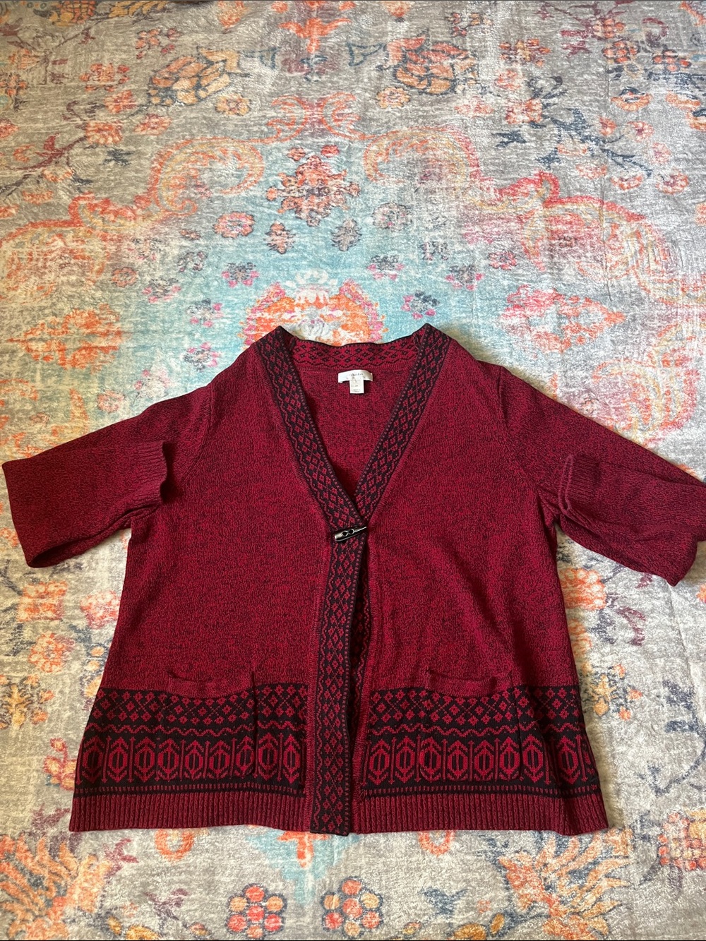 CJ Banks Burgundy and Black Patterned Open Cardigan